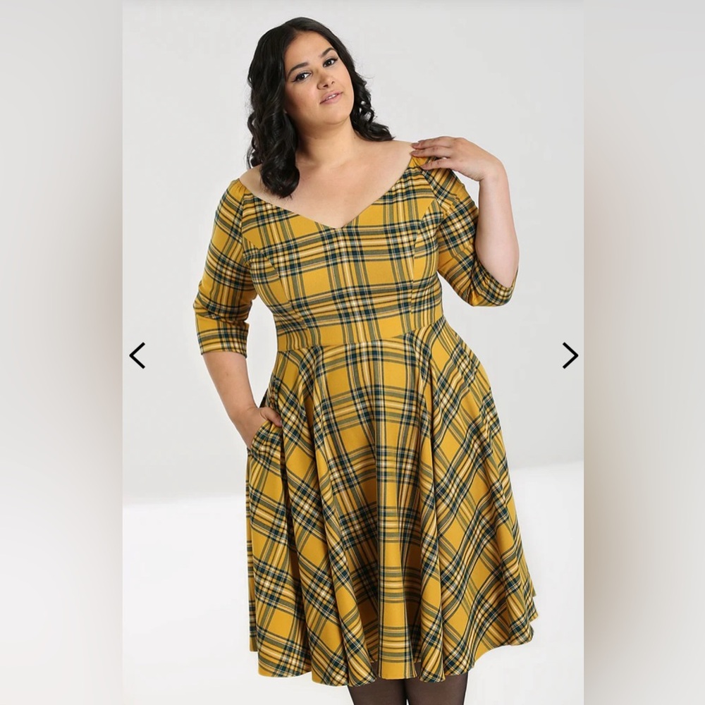 Hell Bunny Mustard and Navy Tartan Wither 50’s Dress
